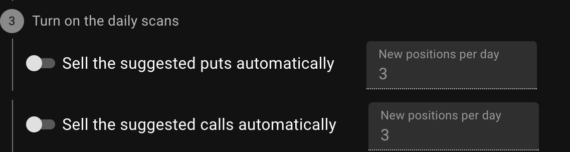 Step 3 of the Getting started page: the switches for selling puts and calls automatically