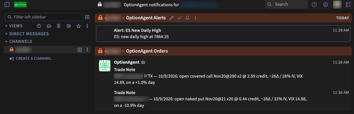 A member's private chat channel with an OptionAgent alert and two trade notes posted by the app.