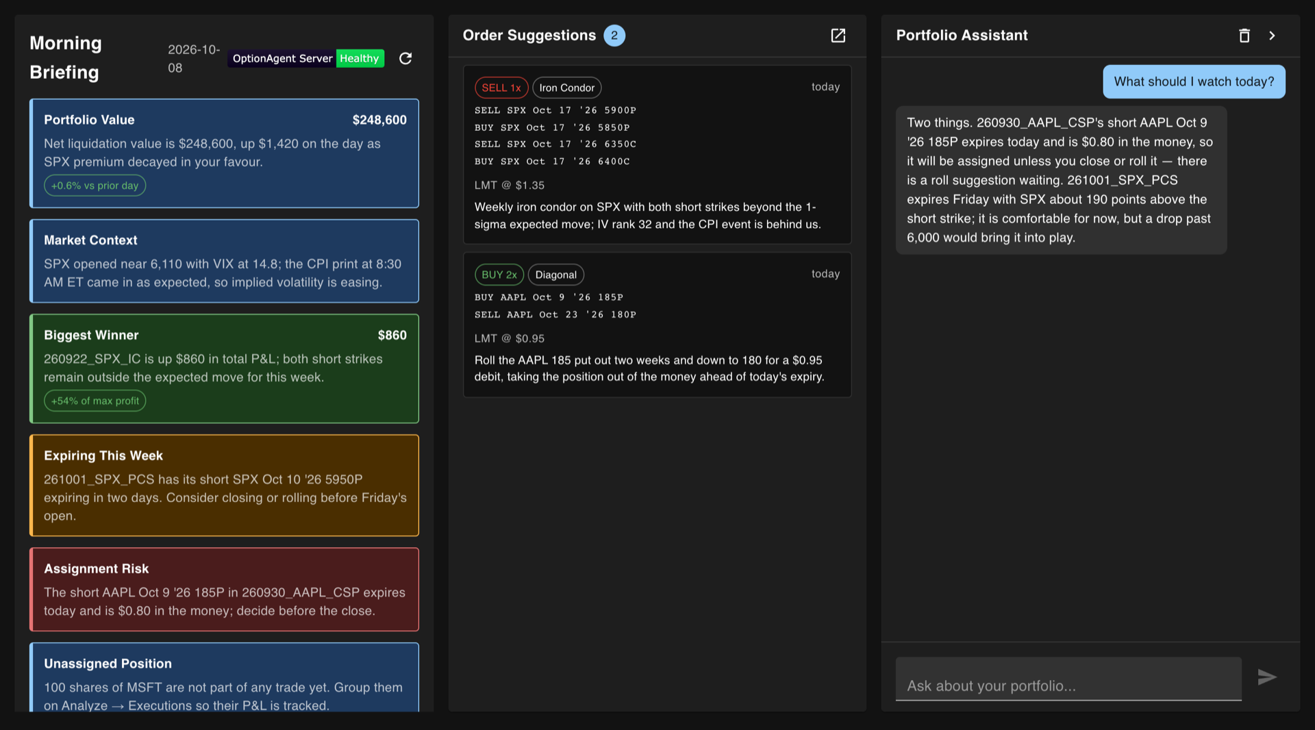 OptionAgent home page — morning briefing cards, order suggestions and the Portfolio Assistant (example data).