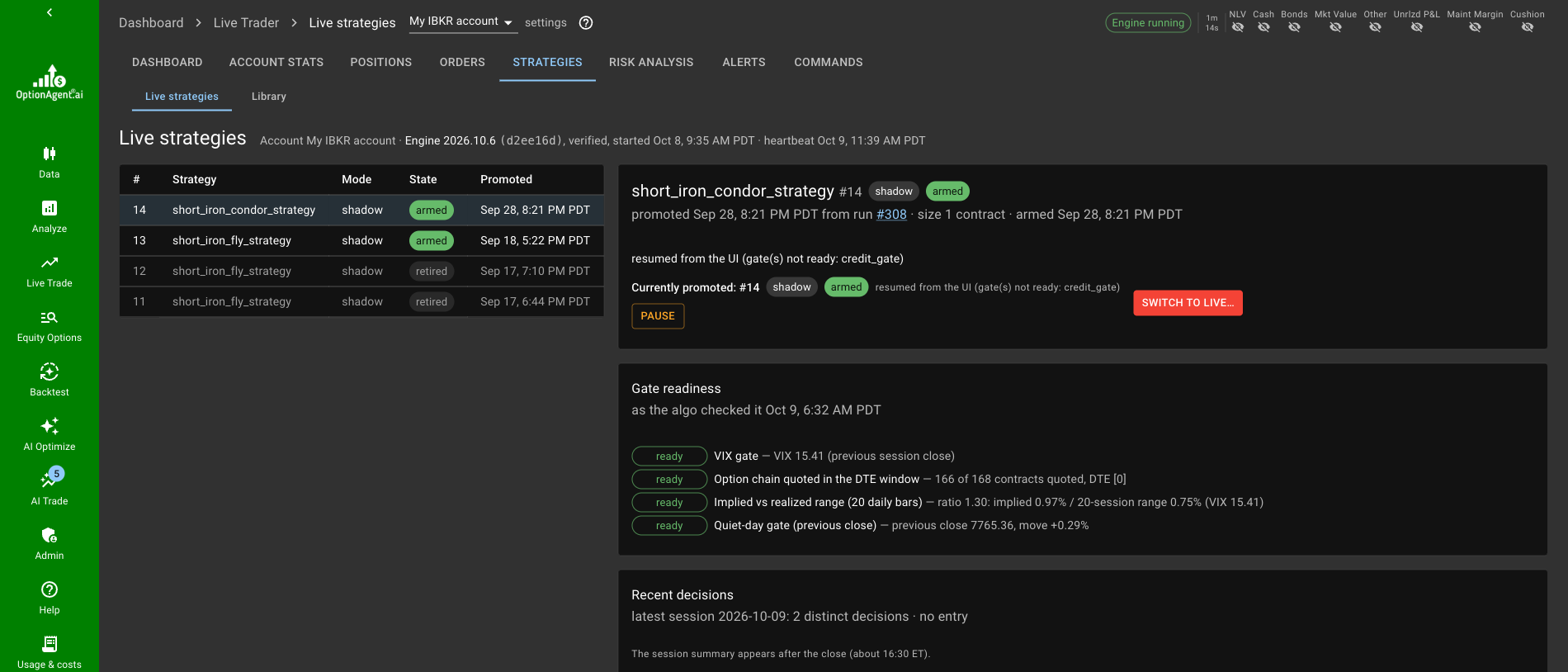 OptionAgent Live strategies: an armed same-day iron condor strategy in shadow mode, with every entry gate reporting ready and the day's decisions.